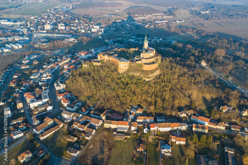 Aerial view of Burg Güssing in Burgenland, Austria in a beautiful winter evening sunset mood.