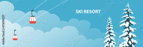 Ski winter resort. Cable car. Ate in the snow. Background with blue sky and clouds. Place for text. Vector cartoon illustration web banner