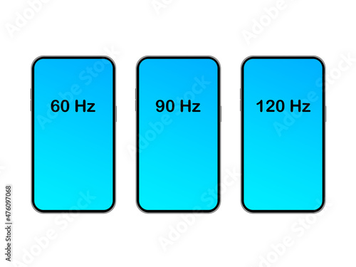 Display refresh rate. The refresh rate of the screen in the smartphone. Screen 60Hz, 90Hz, 120Hz. Display 60 Hz, 90 Hz, 120 Hz. Phone display. Smartphone screen vector illustration. 60, 90, 120 hertz.