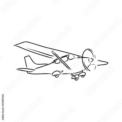 Light single-engine aircraft with pilot flies against the background of an abstract landscape. Vector illustration.