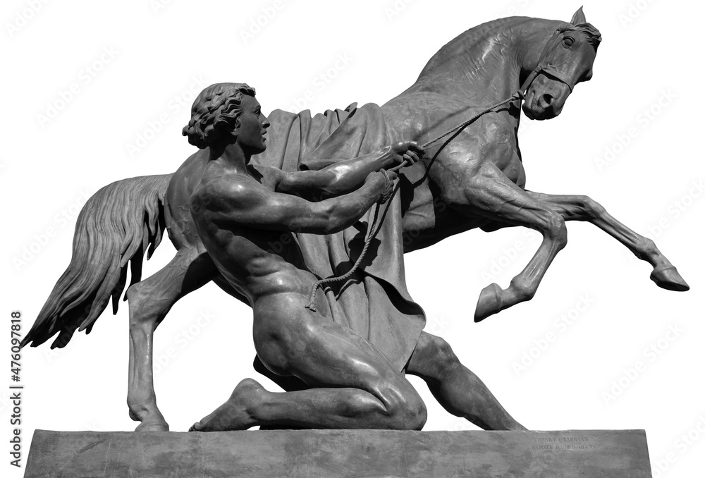 Horse and man ancient sculpture of Anichkov Bridge in Saint Petersburg. Monument isolated on white background Horse and man ancient sculpture of Anichkov Bridge in Saint Petersburg. Monument isolated on white background