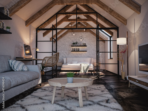 3D rendering of small attic apartment, with wooden beams, white brick wall behind the bed and glass panels with steel frames to divide the room in two