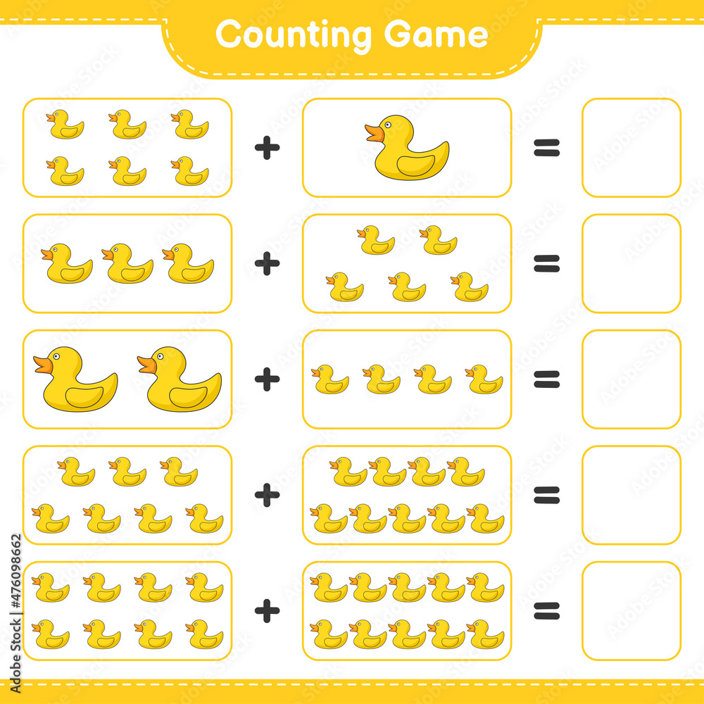 Count and match, count the number of Rubber Duck and match with the right numbers. Educational children game, printable worksheet, vector illustration Count and match, count the number of Rubber Duck and match with the right numbers. Educational children game, printable worksheet, vector illustration