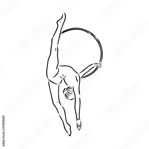 Rhythmic gymnastics competition vector minimalistic banner. Girl, women with ribbon. Sport event. Gymnast dances. One continuous line drawing.