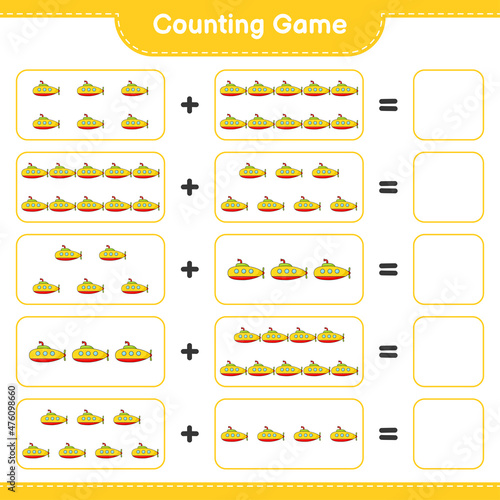 Count and match, count the number of Submarine and match with the right numbers. Educational children game, printable worksheet, vector illustration