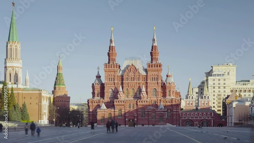 hyper lapse, sunny morning, State Historical Museum and Red Square, Moscow, Russia