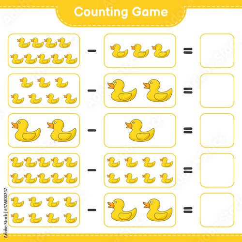Count and match, count the number of Rubber Duck and match with the right numbers. Educational children game, printable worksheet, vector illustration