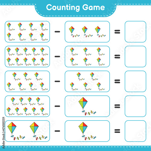 Count and match, count the number of Kite and match with the right numbers. Educational children game, printable worksheet, vector illustration