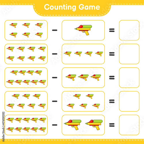 Count and match, count the number of Water Gun and match with the right numbers. Educational children game, printable worksheet, vector illustration