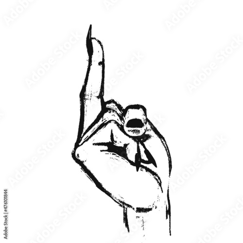Middle finger on the side. Hand drawn gesture fuck black on white. Vector illustration of an indecent gesture female hand isolated.