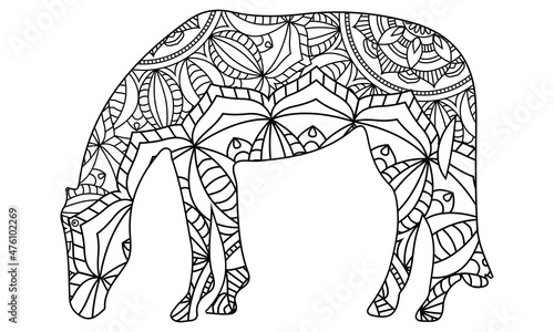 Hand drawnrunning horse for adult anti stress Coloring Page with high details isolated on white background  illustration in zentangle style. Vector monochrome sketch.