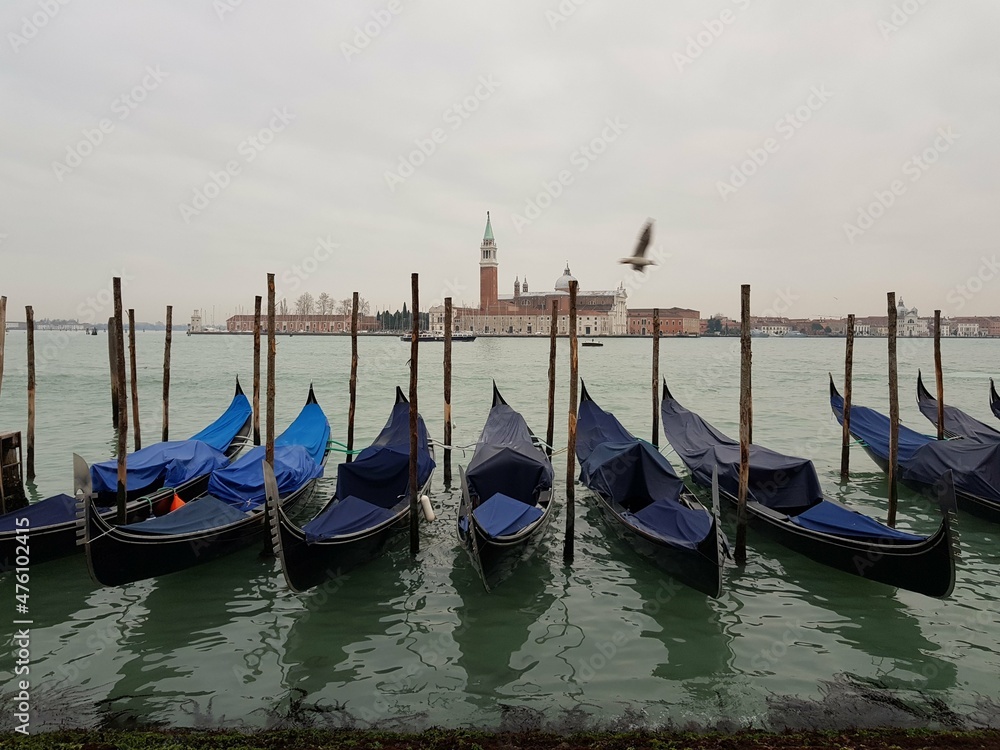 VENICE, ITALY - 2018. Views of the Gulf of Venice and gondolas