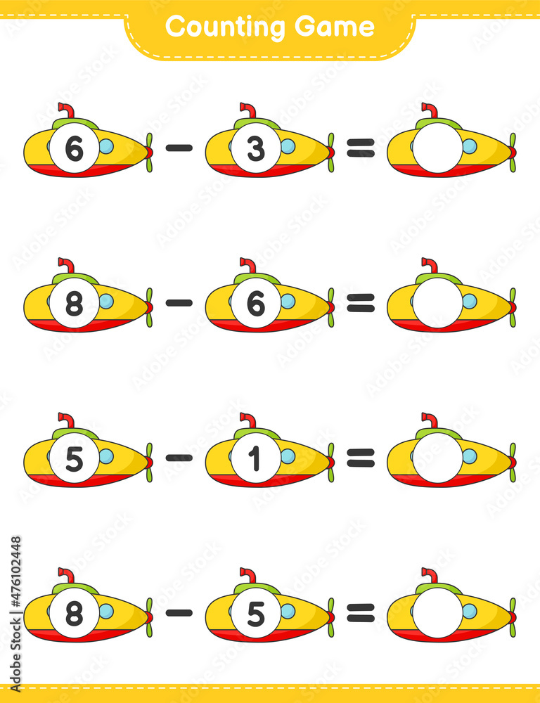 Count and match, count the number of Submarine and match with the right numbers. Educational children game, printable worksheet, vector illustration Count and match, count the number of Submarine and match with the right numbers. Educational children game, printable worksheet, vector illustration