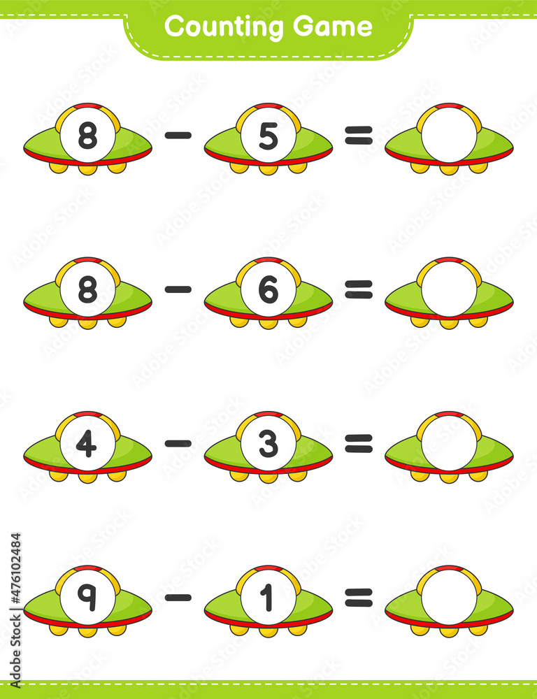 Count and match, count the number of Ufo and match with the right numbers. Educational children game, printable worksheet, vector illustration