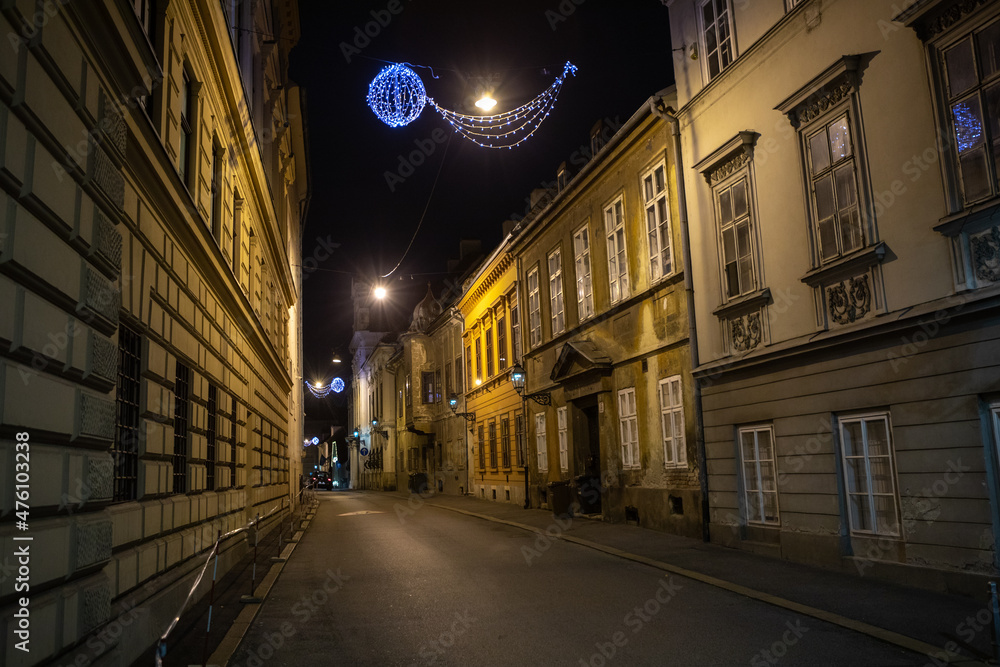 Zagreb, Croatia – December 2021. Advent, Christmas decorations in the medieval part of city
