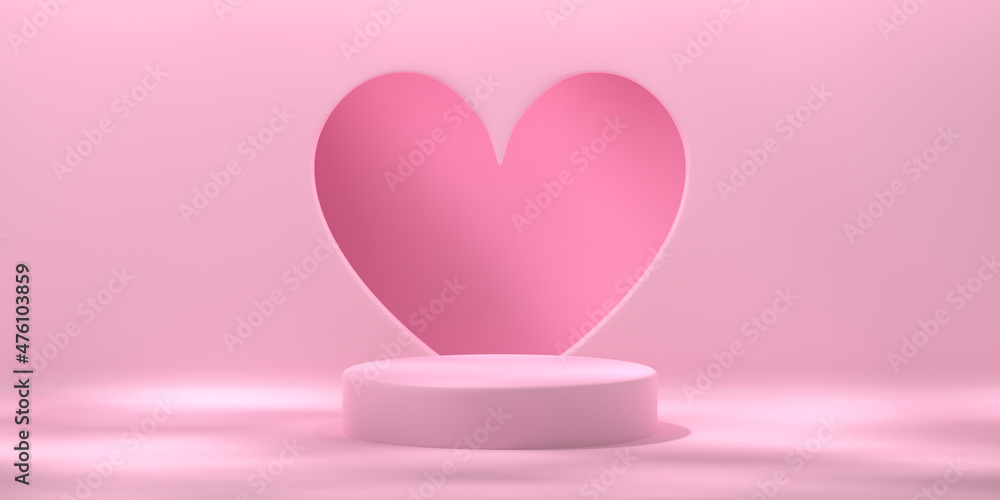 Empty pink studio. Podium and heart. Background for product visualization, copy space. 3d rendering..