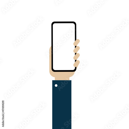 illustration of hand holding phone with blank mock up screen. isolated on white