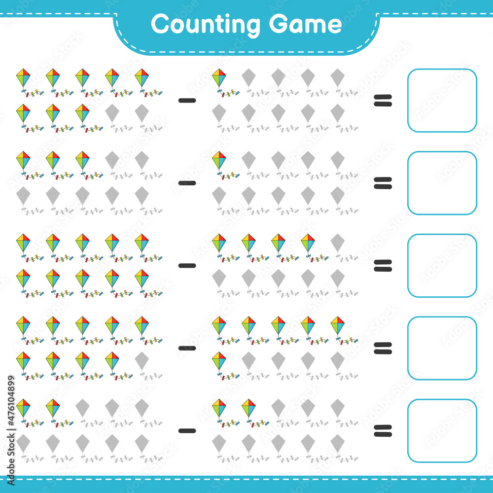 Count and match, count the number of Kite and match with the right numbers. Educational children game, printable worksheet, vector illustration Count and match, count the number of Kite and match with the right numbers. Educational children game, printable worksheet, vector illustration