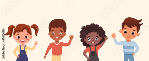 Happy cartoon children portraits set with happy smiling and waving boys and girls. Kids with different ethnicity. Flat vector illustration isolated on white background