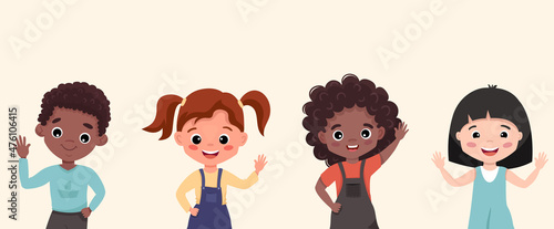 Happy cartoon children portraits set with happy smiling and waving boys and girls. Kids with different ethnicity. Flat vector illustration isolated on white background