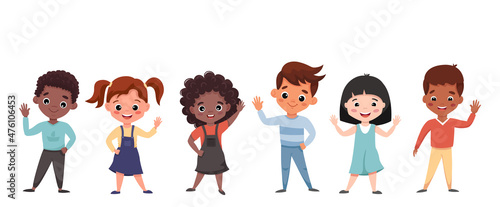 Happy Children waving and smiling. Cartoon elementary school kids showing goodbye or welcome gesture. Back to school concept. Cartoon flat vector illustration isolated on white background
