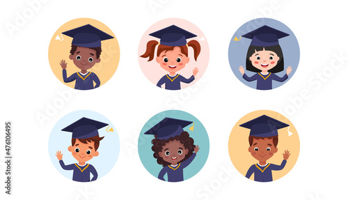 Cute children avatars set in graduation gowns. Multinational class is happy to graduate the primary school.  Cartoon vector illustration