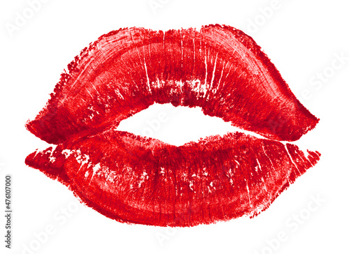 Red lipstick isolated on white. Makeup female lips close up. Sexy red lips on white, kiss. Trace of lipstick.