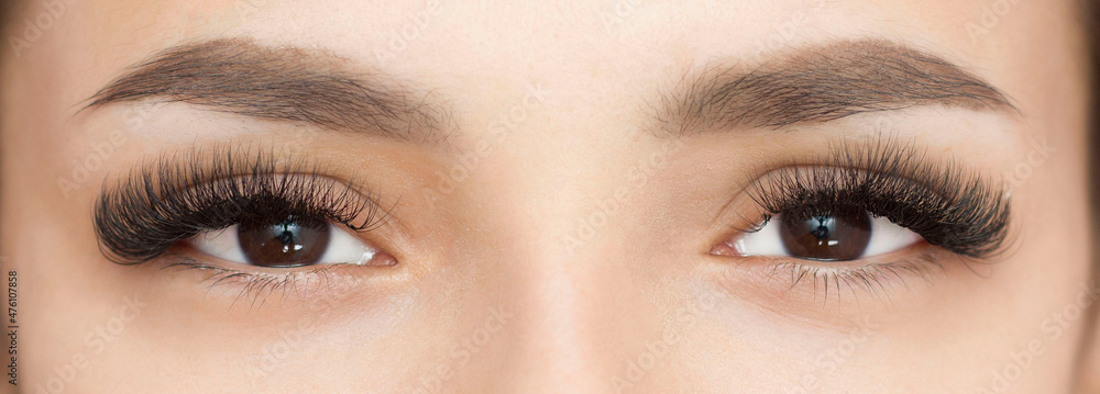 Obraz premium Eyelash extensions. Close-up of the eyes with thick black eyelashes. Macro. Expressive look