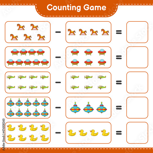 Count and match, count the number of Ufo, Plane, Whirligig Toy, Rubber Duck, Rocking Horse and match with the right numbers. Educational children game, printable worksheet, vector illustration © Pure Imagination