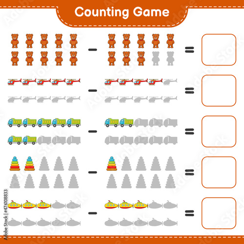 Count and match, count the number of Helicopter, Lorry, Pyramid Toy, Submarine, Teddy Bear and match with the right numbers. Educational children game, printable worksheet, vector illustration