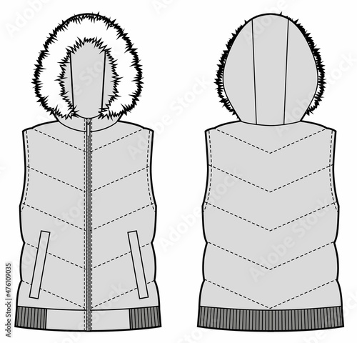 Down vest puffer waistcoat technical fashion illustration with fur on the hood
