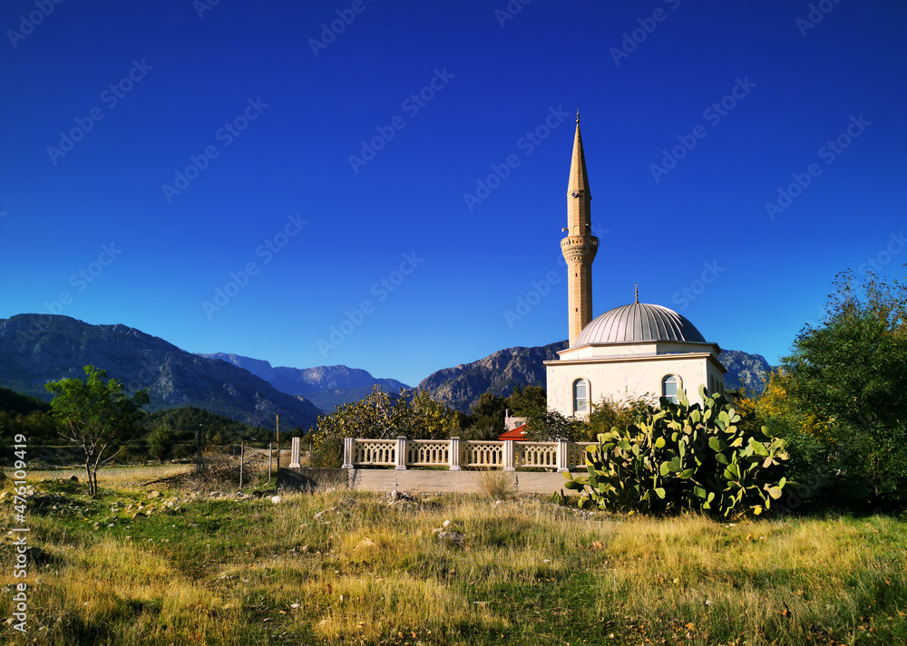 A white rural mosque on the background of mountains 