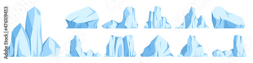 Floating icebergs collection. Drifting arctic glacier, block of frozen ocean water. Icy mountains with snow. Melting ice peak. Antarctic snowy landscape. South and North Pole. Vector illustration.