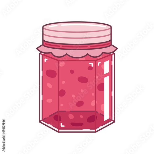 Glass hexagonal jar with cherry jam. Cartoon style. Vector illustration.