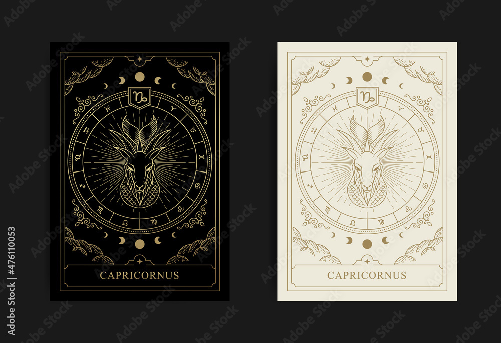 Capricorn or sea goat in engraving, line style for zodiac symbol. Stock ...