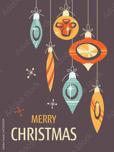 Minimalistic Greeting card with Christmas decorations on dark background in Vintage design style. Mid Century Modern Vector Illustrations. Seasons greeting