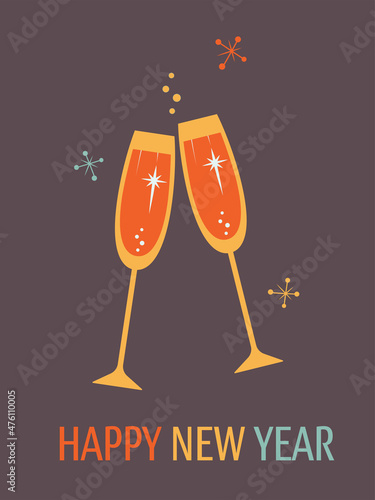 Minimalistic Greeting card with champagne glasses on dark background in Vintage design style. Mid Century Modern Vector Illustrations. Happy New Year