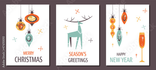 Set of Minimalistic greeting cards with reindeer and Christmas decorations in Vintage design style. Mid Century Modern Vector Illustrations. Seasons greeting photo