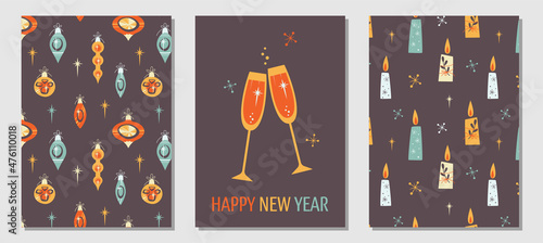 Set of Minimalistic greeting cards with champagne glasses, surface pattern with Christmas decorations and candles on dark background in Vintage design style. Mid Century Modern Vector Illustrations