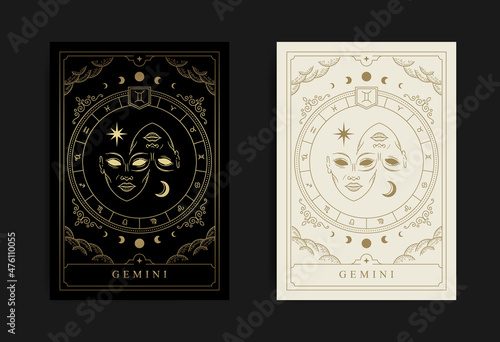 Gemini or two face girl in engraving, line style for zodiac symbol.