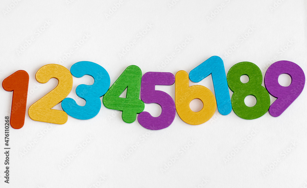 0, 1, 2, 3, 4, 5, 6, 7, 8, 9 numeral alphabet. digits from wooden material, colorful toys for kids. font for logo, Poster, Invitation, childrens books.