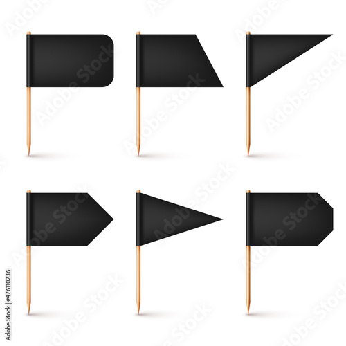 Realistic various toothpick flags. Wooden toothpicks with black paper flag. Location mark, map pointer. Blank mockup for advertising and promotions. Vector illustration