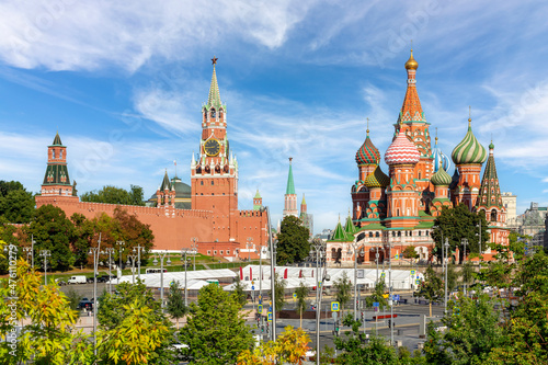 Cathedral of Vasily the Blessed (Saint Basil's Cathedral) and Spasskaya Tower on Red Square in Moscow, Russia