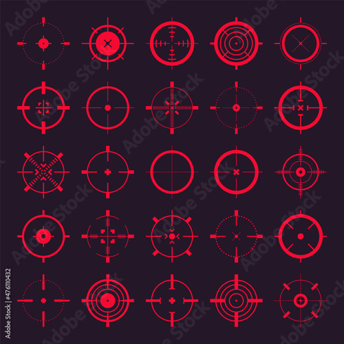 Crosshair, gun sight vector icons. Bullseye, red target or aim symbol. Military rifle scope, shooting mark sign. Targeting, aiming for a shot. Archery, hunting and sports shooting. Game UI element.