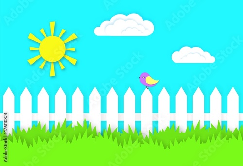 Rustic fence with bird and green grass illustration. Colorful summer paper cut rural landscape with white picket fence and sparrows