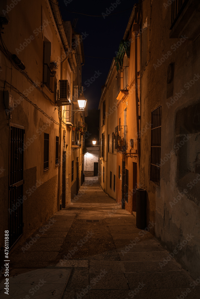 View of a narrow street in the old town of Plasencia illuminated by the light of the street lamps at night, Caceres, Extremadura, Spain
