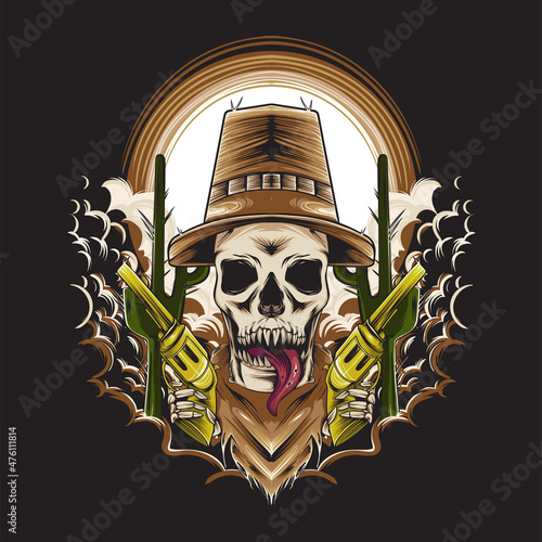 cowboy skull illustration with gun for t shirt design and print