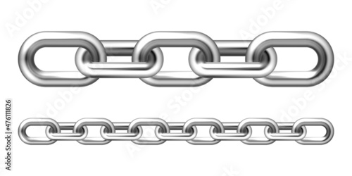 Realistic metal chain with silver links isolated on white background. Vector illustration.