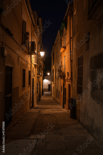 View of a narrow street in the old town of Plasencia illuminated by the light of the street lamps at night  Caceres  Extremadura  Spain
