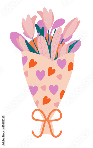 Hand drawn spring bouquet with flowers. Celebrating Valentine Day  Mother Day  March 8. Vector illustration isolated on a white background. Simple and cute style  doodle.